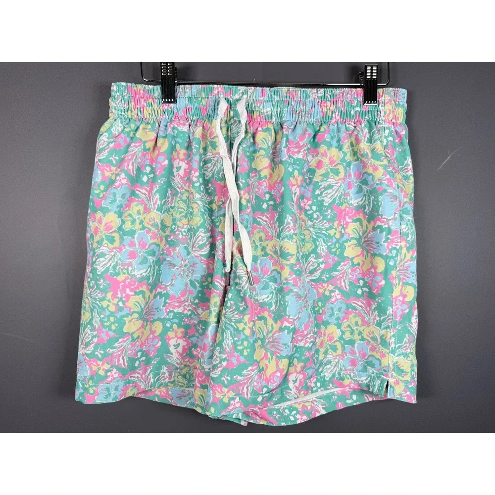 Chubbies Mens Medium Floral Swim Trunks Teal Pink Yellow Mesh Lined 5.5 Inseam